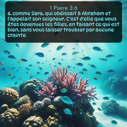 Segond 1 Pierre  ; image nature: image avec le verset biblique :comme Sara, qui obéissait à Abraham et l&#039;appelait son seigneur. C&#039;est d&#039;elle que vous êtes devenues les filles, en faisant ce qui est bien, sans vous laisser troubler par aucune crainte. ;  ; 3:6