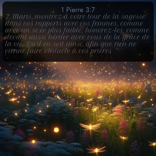 Segond 1 Pierre  ; image nature: image avec le verset biblique :Maris, montrez à votre tour de la sagesse dans vos rapports avec vos femmes, comme avec un sexe plus faible; honorez-les, comme devant aussi hériter avec vous de la grâce de la vie. Qu&#039;il en soit ainsi, afin que rien ne vienne faire obstacle à vos prières. ;  ; 3:7