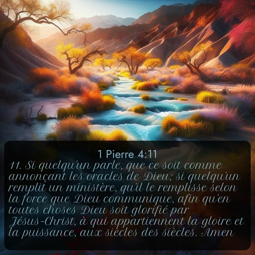 Segond 1 Pierre  ; image nature: image avec le verset biblique :Si quelqu&#039;un parle, que ce soit comme annonçant les oracles de Dieu; si quelqu&#039;un remplit un ministère, qu&#039;il le remplisse selon la force que Dieu communique, afin qu&#039;en toutes choses Dieu soit glorifié par Jésus-Christ, à qui appartiennent la gloire et la puissance, aux siècles des siècles. Amen! ;  ; 4:11