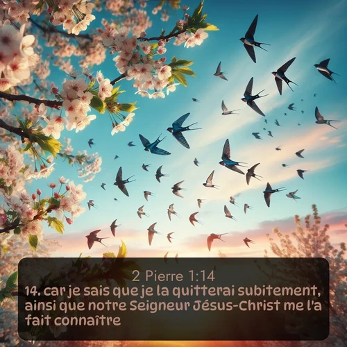 Segond 2 Pierre  ; image nature: image avec le verset biblique :car je sais que je la quitterai subitement, ainsi que notre Seigneur Jésus-Christ me l&#039;a fait connaître. ;  ; 1:14