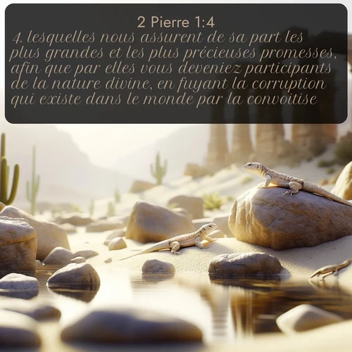 Segond 2 Pierre  ; image nature: image avec le verset biblique :lesquelles nous assurent de sa part les plus grandes et les plus précieuses promesses, afin que par elles vous deveniez participants de la nature divine, en fuyant la corruption qui existe dans le monde par la convoitise, ;  ; 1:4