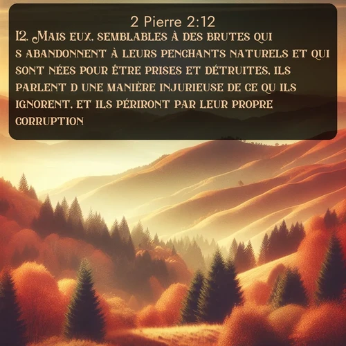Segond 2 Pierre  ; image nature: image avec le verset biblique :Mais eux, semblables à des brutes qui s&#039;abandonnent à leurs penchants naturels et qui sont nées pour être prises et détruites, ils parlent d&#039;une manière injurieuse de ce qu&#039;ils ignorent, et ils périront par leur propre corruption, ;  ; 2:12