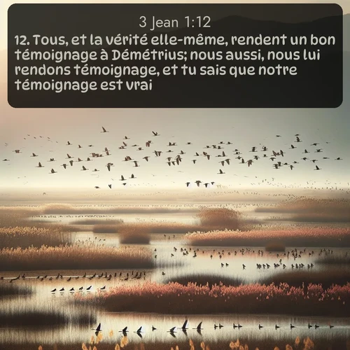 Segond 3 Jean  ; image nature: image avec le verset biblique :Tous, et la vérité elle-même, rendent un bon témoignage à Démétrius; nous aussi, nous lui rendons témoignage, et tu sais que notre témoignage est vrai. ;  ; 1:12