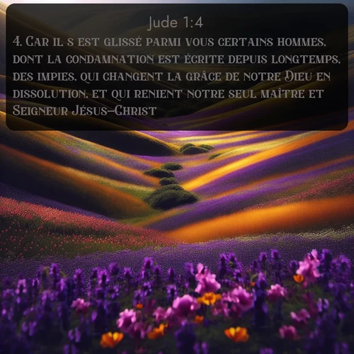 Segond Jude  ; image nature: image avec le verset biblique :Car il s&#039;est glissé parmi vous certains hommes, dont la condamnation est écrite depuis longtemps, des impies, qui changent la grâce de notre Dieu en dissolution, et qui renient notre seul maître et Seigneur Jésus-Christ. ;  ; 1:4