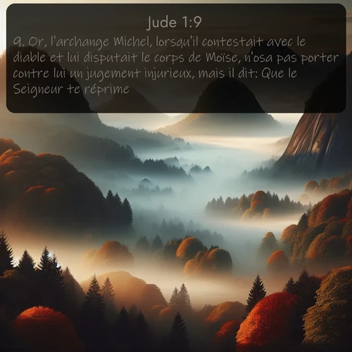Segond Jude  ; image nature: image avec le verset biblique :Or, l&#039;archange Michel, lorsqu&#039;il contestait avec le diable et lui disputait le corps de Moïse, n&#039;osa pas porter contre lui un jugement injurieux, mais il dit: Que le Seigneur te réprime! ;  ; 1:9