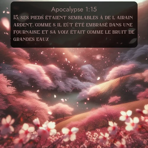 Segond Apocalypse  ; image nature: image avec le verset biblique :ses pieds étaient semblables à de l&#039;airain ardent, comme s&#039;il eût été embrasé dans une fournaise; et sa voix était comme le bruit de grandes eaux. ;  ; 1:15
