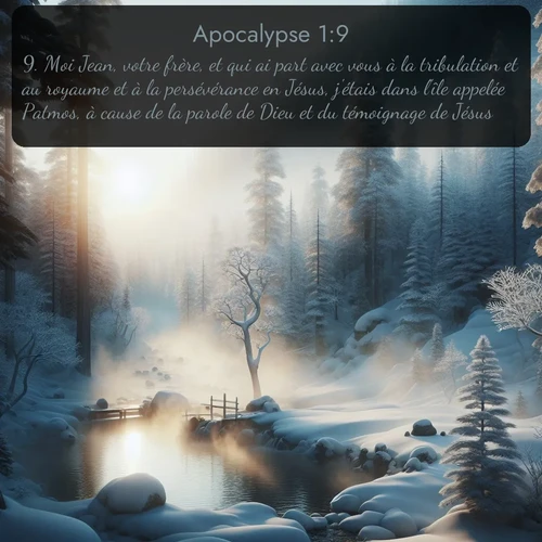 Segond Apocalypse  ; image nature: image avec le verset biblique :Moi Jean, votre frère, et qui ai part avec vous à la tribulation et au royaume et à la persévérance en Jésus, j&#039;étais dans l&#039;île appelée Patmos, à cause de la parole de Dieu et du témoignage de Jésus. ;  ; 1:9
