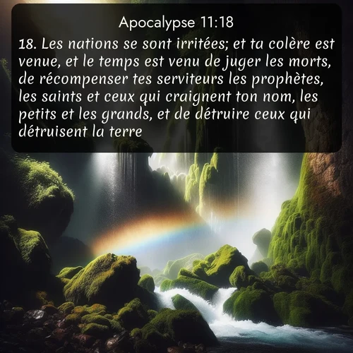 Segond Apocalypse  ; image nature: image avec le verset biblique :Les nations se sont irritées; et ta colère est venue, et le temps est venu de juger les morts, de récompenser tes serviteurs les prophètes, les saints et ceux qui craignent ton nom, les petits et les grands, et de détruire ceux qui détruisent la terre. ;  ; 11:18