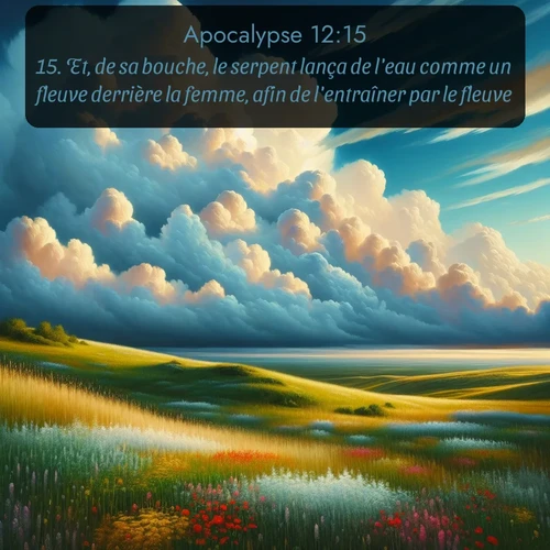 Segond Apocalypse  ; image nature: image avec le verset biblique :Et, de sa bouche, le serpent lança de l&#039;eau comme un fleuve derrière la femme, afin de l&#039;entraîner par le fleuve. ;  ; 12:15