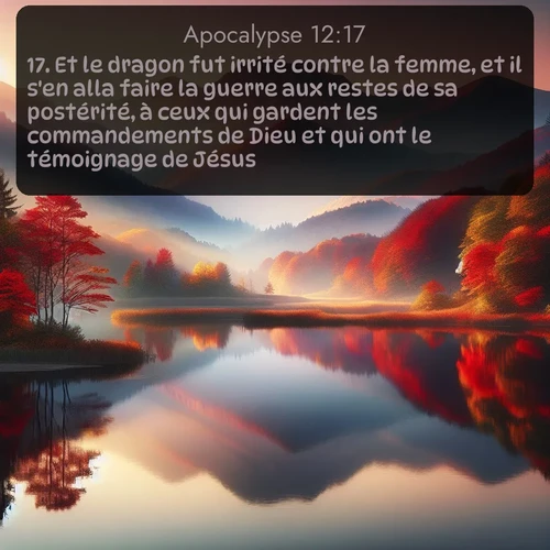 Segond Apocalypse  ; image nature: image avec le verset biblique :Et le dragon fut irrité contre la femme, et il s&#039;en alla faire la guerre aux restes de sa postérité, à ceux qui gardent les commandements de Dieu et qui ont le témoignage de Jésus. ;  ; 12:17