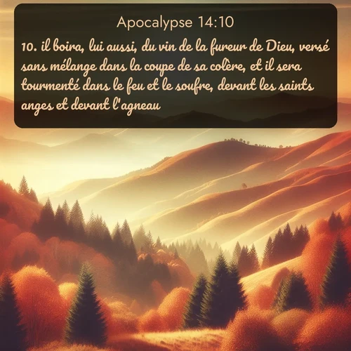 Segond Apocalypse  ; image nature: image avec le verset biblique :il boira, lui aussi, du vin de la fureur de Dieu, versé sans mélange dans la coupe de sa colère, et il sera tourmenté dans le feu et le soufre, devant les saints anges et devant l&#039;agneau. ;  ; 14:10