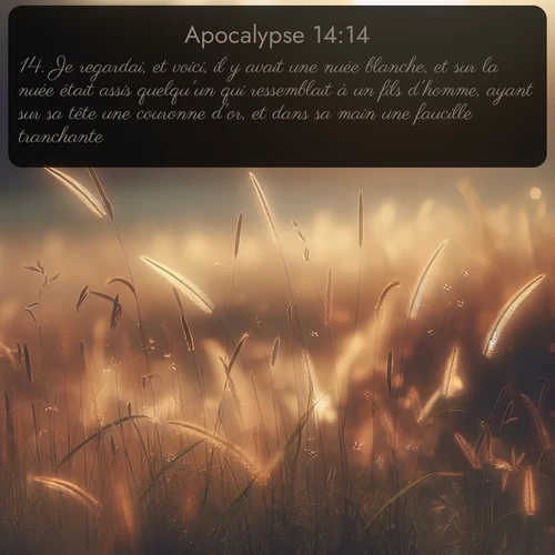 Segond Apocalypse  ; image nature: image avec le verset biblique :Je regardai, et voici, il y avait une nuée blanche, et sur la nuée était assis quelqu&#039;un qui ressemblait à un fils d&#039;homme, ayant sur sa tête une couronne d&#039;or, et dans sa main une faucille tranchante. ;  ; 14:14