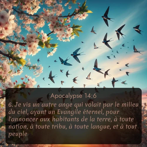 Segond Apocalypse  ; image nature: image avec le verset biblique :Je vis un autre ange qui volait par le milieu du ciel, ayant un Evangile éternel, pour l&#039;annoncer aux habitants de la terre, à toute nation, à toute tribu, à toute langue, et à tout peuple. ;  ; 14:6