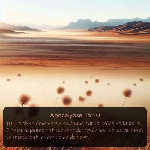 Segond Apocalypse  ; image nature: image avec le verset biblique :Le cinquième versa sa coupe sur le trône de la bête. Et son royaume fut couvert de ténèbres; et les hommes se mordaient la langue de douleur, ;  ; 16:10