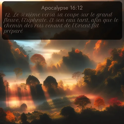Segond Apocalypse  ; image nature: image avec le verset biblique :Le sixième versa sa coupe sur le grand fleuve, l&#039;Euphrate. Et son eau tarit, afin que le chemin des rois venant de l&#039;Orient fût préparé. ;  ; 16:12