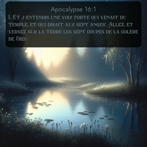 Segond Apocalypse  ; image nature: image avec le verset biblique :Et j&#039;entendis une voix forte qui venait du temple, et qui disait aux sept anges: Allez, et versez sur la terre les sept coupes de la colère de Dieu. ;  ; 16:1
