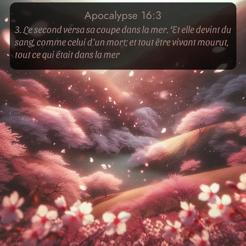 Segond Apocalypse  ; image nature: image avec le verset biblique :Le second versa sa coupe dans la mer. Et elle devint du sang, comme celui d&#039;un mort; et tout être vivant mourut, tout ce qui était dans la mer. ;  ; 16:3