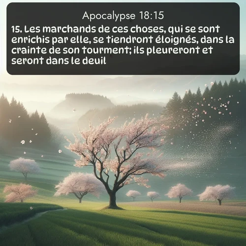 Segond Apocalypse  ; image nature: image avec le verset biblique :Les marchands de ces choses, qui se sont enrichis par elle, se tiendront éloignés, dans la crainte de son tourment; ils pleureront et seront dans le deuil, ;  ; 18:15