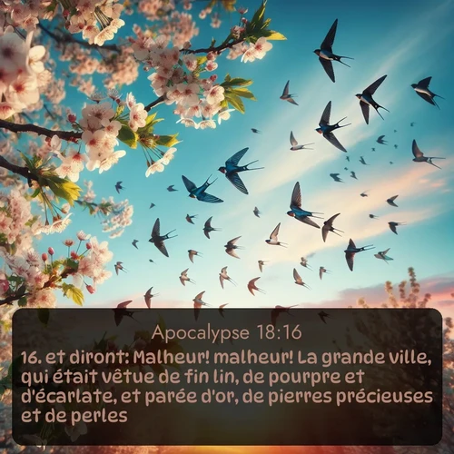 Segond Apocalypse  ; image nature: image avec le verset biblique :et diront: Malheur! malheur! La grande ville, qui était vêtue de fin lin, de pourpre et d&#039;écarlate, et parée d&#039;or, de pierres précieuses et de perles! ;  ; 18:16