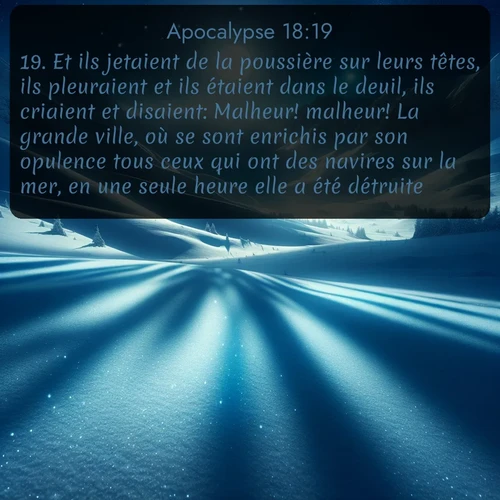 Segond Apocalypse  ; image nature: image avec le verset biblique :Et ils jetaient de la poussière sur leurs têtes, ils pleuraient et ils étaient dans le deuil, ils criaient et disaient: Malheur! malheur! La grande ville, où se sont enrichis par son opulence tous ceux qui ont des navires sur la mer, en une seule heure elle a été détruite! ;  ; 18:19