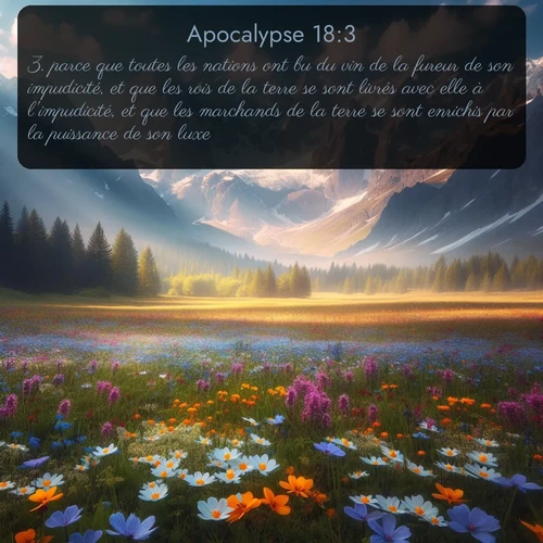 Segond Apocalypse  ; image nature: image avec le verset biblique :parce que toutes les nations ont bu du vin de la fureur de son impudicité, et que les rois de la terre se sont livrés avec elle à l&#039;impudicité, et que les marchands de la terre se sont enrichis par la puissance de son luxe. ;  ; 18:3