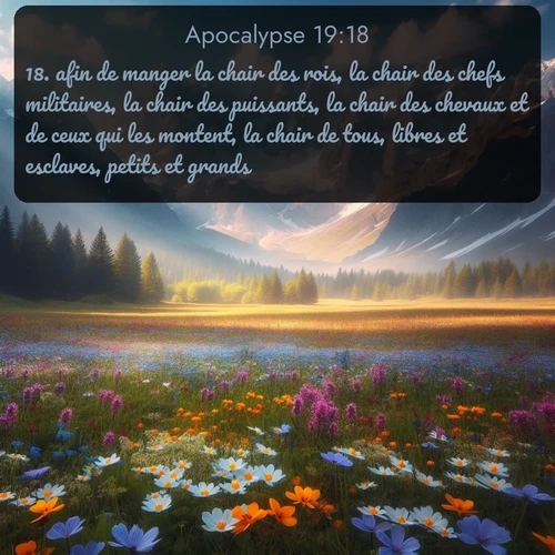 Segond Apocalypse  ; image nature: image avec le verset biblique :afin de manger la chair des rois, la chair des chefs militaires, la chair des puissants, la chair des chevaux et de ceux qui les montent, la chair de tous, libres et esclaves, petits et grands. ;  ; 19:18