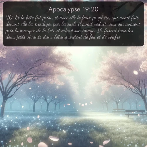 Segond Apocalypse  ; image nature: image avec le verset biblique :Et la bête fut prise, et avec elle le faux prophète, qui avait fait devant elle les prodiges par lesquels il avait séduit ceux qui avaient pris la marque de la bête et adoré son image. Ils furent tous les deux jetés vivants dans l&#039;étang ardent de feu et de soufre. ;  ; 19:20