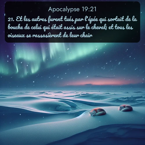 Segond Apocalypse  ; image nature: image avec le verset biblique :Et les autres furent tués par l&#039;épée qui sortait de la bouche de celui qui était assis sur le cheval; et tous les oiseaux se rassasièrent de leur chair. ;  ; 19:21