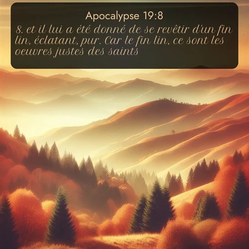 Segond Apocalypse  ; image nature: image avec le verset biblique :et il lui a été donné de se revêtir d&#039;un fin lin, éclatant, pur. Car le fin lin, ce sont les oeuvres justes des saints. ;  ; 19:8