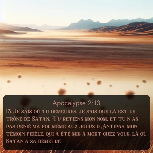 Segond Apocalypse  ; image nature: image avec le verset biblique :Je sais où tu demeures, je sais que là est le trône de Satan. Tu retiens mon nom, et tu n&#039;as pas renié ma foi, même aux jours d&#039;Antipas, mon témoin fidèle, qui a été mis à mort chez vous, là où Satan a sa demeure. ;  ; 2:13
