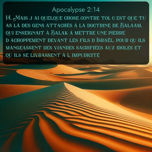 Segond Apocalypse  ; image nature: image avec le verset biblique :Mais j&#039;ai quelque chose contre toi, c&#039;est que tu as là des gens attachés à la doctrine de Balaam, qui enseignait à Balak à mettre une pierre d&#039;achoppement devant les fils d&#039;Israël, pour qu&#039;ils mangeassent des viandes sacrifiées aux idoles et qu&#039;ils se livrassent à l&#039;impudicité. ;  ; 2:14