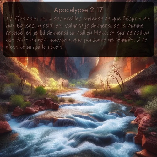 Segond Apocalypse  ; image nature: image avec le verset biblique :Que celui qui a des oreilles entende ce que l&#039;Esprit dit aux Eglises: A celui qui vaincra je donnerai de la manne cachée, et je lui donnerai un caillou blanc; et sur ce caillou est écrit un nom nouveau, que personne ne connaît, si ce n&#039;est celui qui le reçoit. ;  ; 2:17