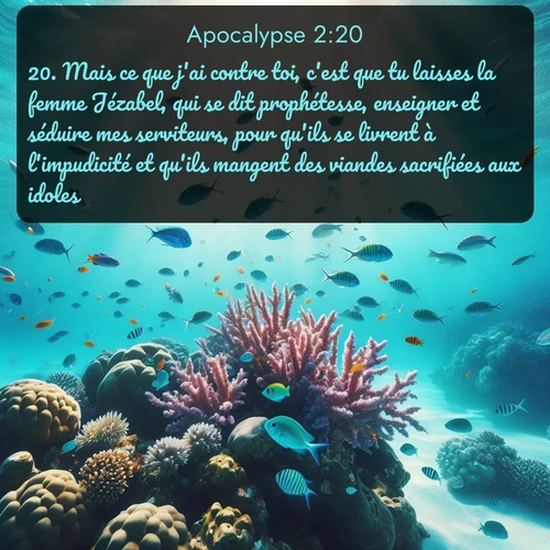 Segond Apocalypse  ; image nature: image avec le verset biblique :Mais ce que j&#039;ai contre toi, c&#039;est que tu laisses la femme Jézabel, qui se dit prophétesse, enseigner et séduire mes serviteurs, pour qu&#039;ils se livrent à l&#039;impudicité et qu&#039;ils mangent des viandes sacrifiées aux idoles. ;  ; 2:20