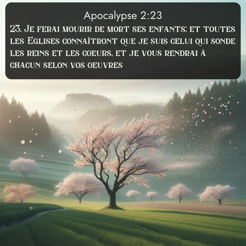 Segond Apocalypse  ; image nature: image avec le verset biblique :Je ferai mourir de mort ses enfants; et toutes les Eglises connaîtront que je suis celui qui sonde les reins et les coeurs, et je vous rendrai à chacun selon vos oeuvres. ;  ; 2:23
