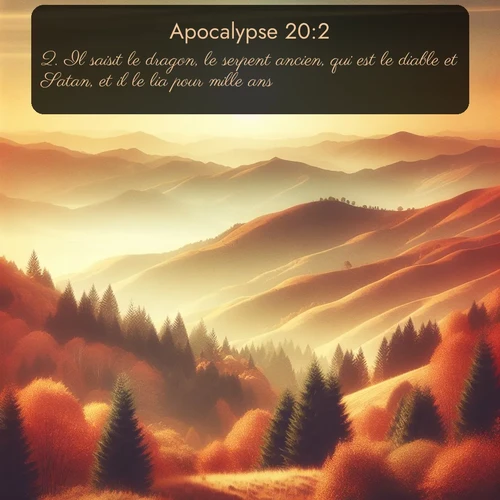Segond Apocalypse  ; image nature: image avec le verset biblique :Il saisit le dragon, le serpent ancien, qui est le diable et Satan, et il le lia pour mille ans. ;  ; 20:2