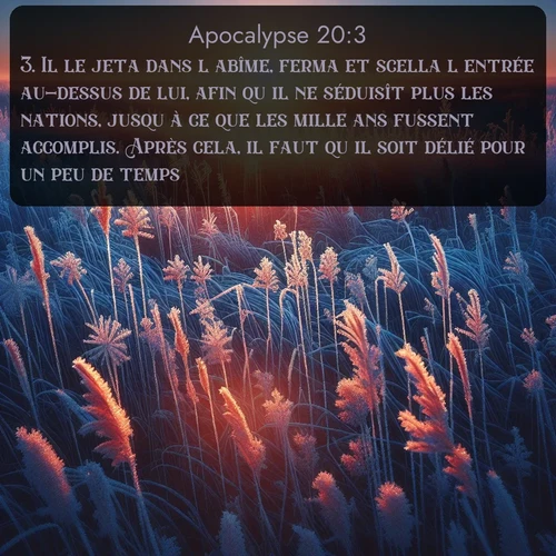 Segond Apocalypse  ; image nature: image avec le verset biblique :Il le jeta dans l&#039;abîme, ferma et scella l&#039;entrée au-dessus de lui, afin qu&#039;il ne séduisît plus les nations, jusqu&#039;à ce que les mille ans fussent accomplis. Après cela, il faut qu&#039;il soit délié pour un peu de temps. ;  ; 20:3