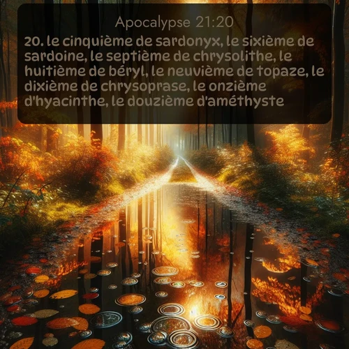 Segond Apocalypse  ; image nature: image avec le verset biblique :le cinquième de sardonyx, le sixième de sardoine, le septième de chrysolithe, le huitième de béryl, le neuvième de topaze, le dixième de chrysoprase, le onzième d&#039;hyacinthe, le douzième d&#039;améthyste. ;  ; 21:20