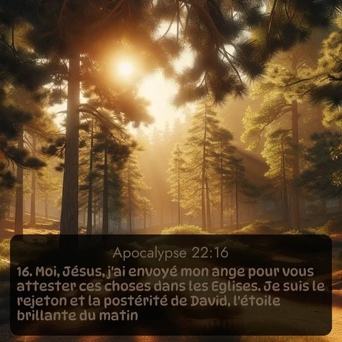 Segond Apocalypse  ; image nature: image avec le verset biblique :Moi, Jésus, j&#039;ai envoyé mon ange pour vous attester ces choses dans les Eglises. Je suis le rejeton et la postérité de David, l&#039;étoile brillante du matin. ;  ; 22:16