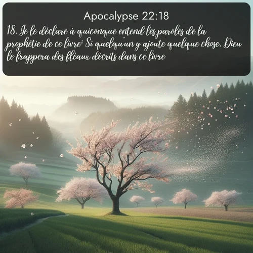 Segond Apocalypse  ; image nature: image avec le verset biblique :Je le déclare à quiconque entend les paroles de la prophétie de ce livre: Si quelqu&#039;un y ajoute quelque chose, Dieu le frappera des fléaux décrits dans ce livre; ;  ; 22:18
