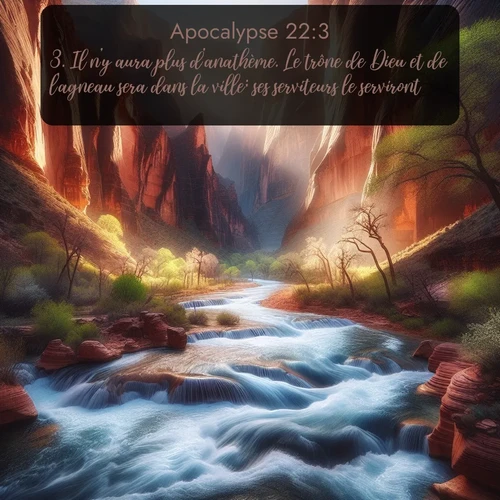 Segond Apocalypse  ; image nature: image avec le verset biblique :Il n&#039;y aura plus d&#039;anathème. Le trône de Dieu et de l&#039;agneau sera dans la ville; ses serviteurs le serviront ;  ; 22:3