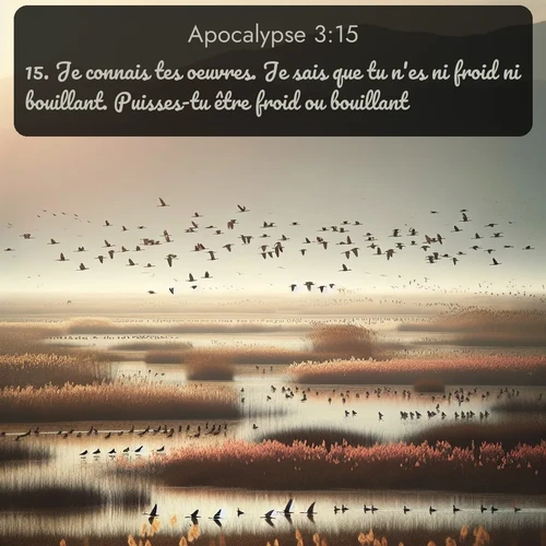 Segond Apocalypse  ; image nature: image avec le verset biblique :Je connais tes oeuvres. Je sais que tu n&#039;es ni froid ni bouillant. Puisses-tu être froid ou bouillant! ;  ; 3:15