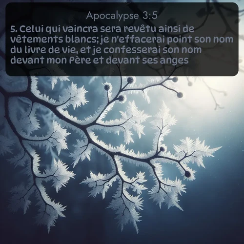 Segond Apocalypse  ; image nature: image avec le verset biblique :Celui qui vaincra sera revêtu ainsi de vêtements blancs; je n&#039;effacerai point son nom du livre de vie, et je confesserai son nom devant mon Père et devant ses anges. ;  ; 3:5