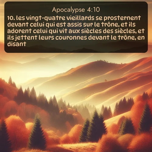 Segond Apocalypse  ; image nature: image avec le verset biblique :les vingt-quatre vieillards se prosternent devant celui qui est assis sur le trône, et ils adorent celui qui vit aux siècles des siècles, et ils jettent leurs couronnes devant le trône, en disant: ;  ; 4:10