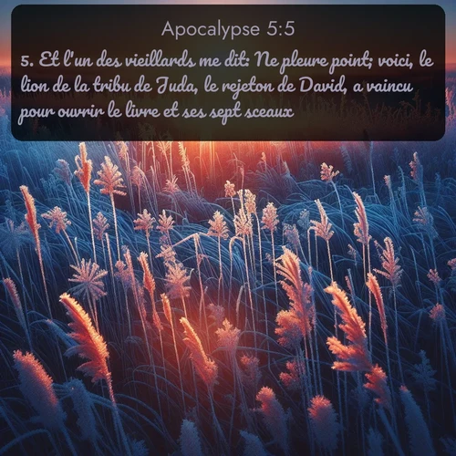 Segond Apocalypse  ; image nature: image avec le verset biblique :Et l&#039;un des vieillards me dit: Ne pleure point; voici, le lion de la tribu de Juda, le rejeton de David, a vaincu pour ouvrir le livre et ses sept sceaux. ;  ; 5:5