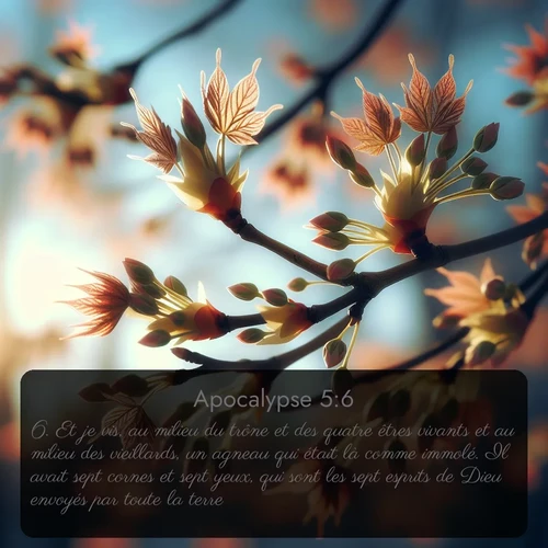 Segond Apocalypse  ; image nature: image avec le verset biblique :Et je vis, au milieu du trône et des quatre êtres vivants et au milieu des vieillards, un agneau qui était là comme immolé. Il avait sept cornes et sept yeux, qui sont les sept esprits de Dieu envoyés par toute la terre. ;  ; 5:6