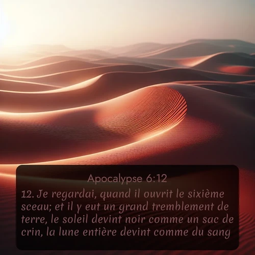 Segond Apocalypse  ; image nature: image avec le verset biblique :Je regardai, quand il ouvrit le sixième sceau; et il y eut un grand tremblement de terre, le soleil devint noir comme un sac de crin, la lune entière devint comme du sang, ;  ; 6:12