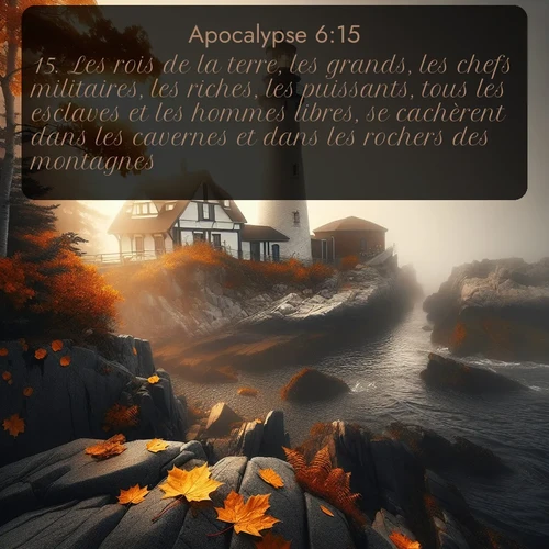 Segond Apocalypse  ; image nature: image avec le verset biblique :Les rois de la terre, les grands, les chefs militaires, les riches, les puissants, tous les esclaves et les hommes libres, se cachèrent dans les cavernes et dans les rochers des montagnes. ;  ; 6:15