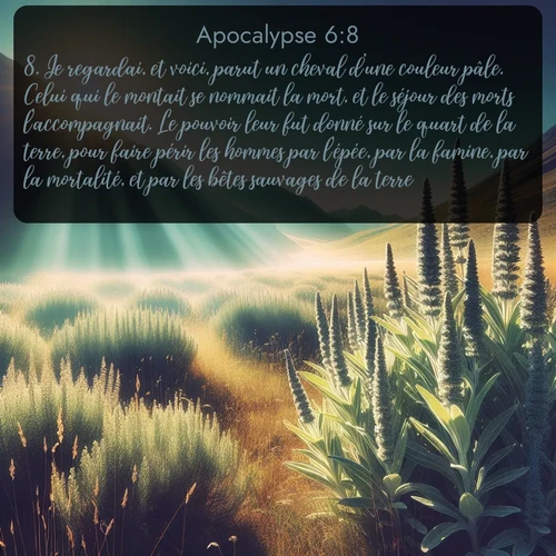 Segond Apocalypse  ; image nature: image avec le verset biblique :Je regardai, et voici, parut un cheval d&#039;une couleur pâle. Celui qui le montait se nommait la mort, et le séjour des morts l&#039;accompagnait. Le pouvoir leur fut donné sur le quart de la terre, pour faire périr les hommes par l&#039;épée, par la famine, par la mortalité, et par les bêtes sauvages de la terre. ;  ; 6:8