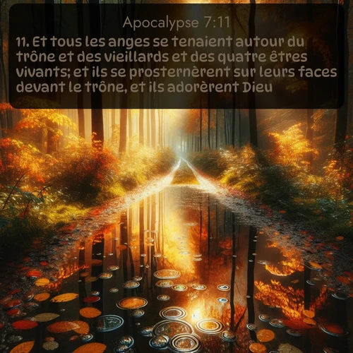 Segond Apocalypse  ; image nature: image avec le verset biblique :Et tous les anges se tenaient autour du trône et des vieillards et des quatre êtres vivants; et ils se prosternèrent sur leurs faces devant le trône, et ils adorèrent Dieu, ;  ; 7:11