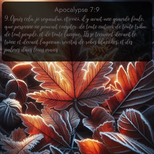 Segond Apocalypse  ; image nature: image avec le verset biblique :Après cela, je regardai, et voici, il y avait une grande foule, que personne ne pouvait compter, de toute nation, de toute tribu, de tout peuple, et de toute langue. Ils se tenaient devant le trône et devant l&#039;agneau, revêtus de robes blanches, et des palmes dans leurs mains. ;  ; 7:9
